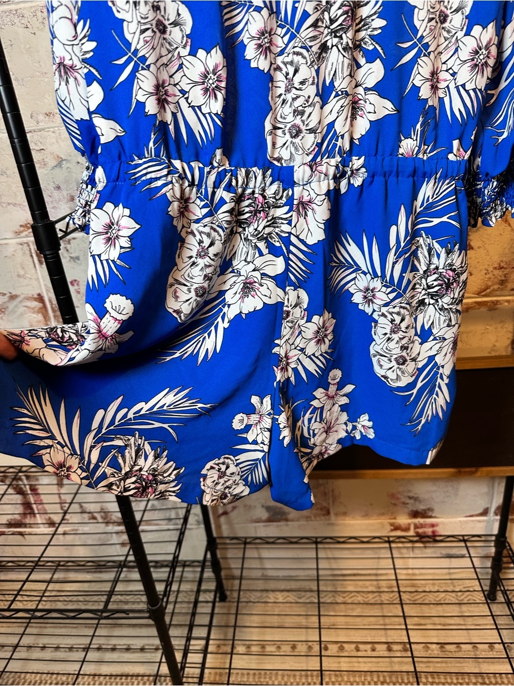 Fleur Bleue Floral Shirred Waist Blue Women's Romper - Picture 8 of 9